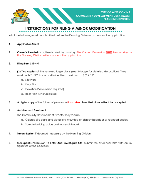 First page of the Minor Modification Application