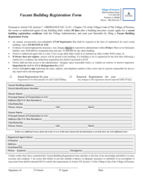 First page of the Vacant Building Registration Form