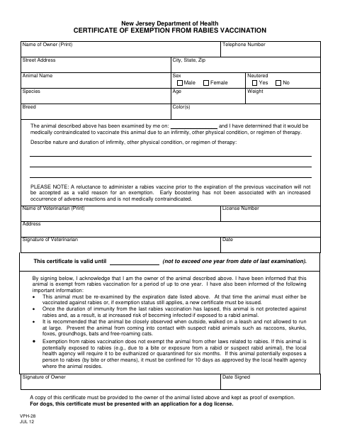 First page of the Certificate of Exemption From Rabies Vaccination