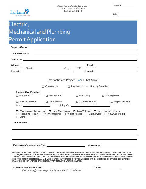 First page of the Electric, Mechanical and Plumbing Permit Application