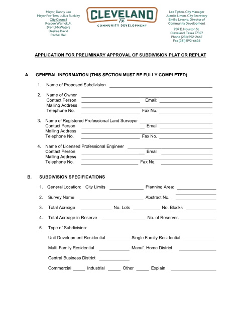 First page of the Application for Preliminary Approval of Subdivision Plat or Replat