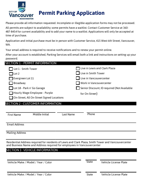 First page of the Permit Parking Application