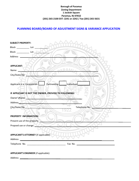 First page of the Signs and Variance Application