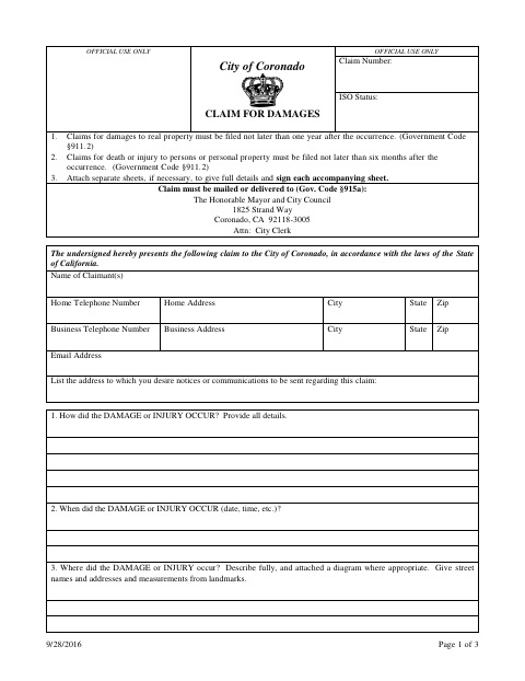 First page of the Claim for Damages