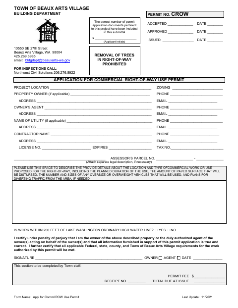 First page of the Application for Commercial Right-of-Way Use Permit