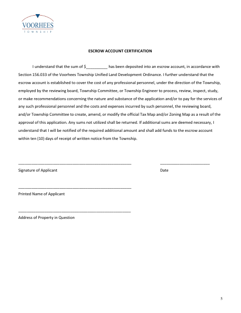 First page of the Escrow Account Certification