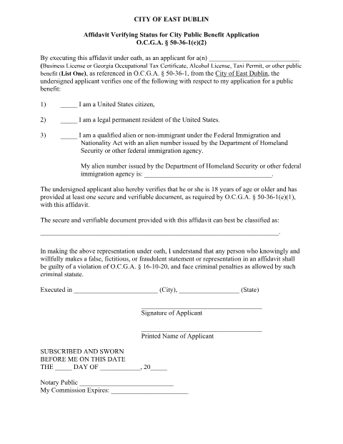 First page of the SAVE Affidavit for City Public Benefit Application