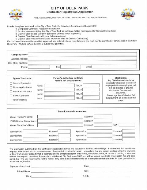 First page of the Contractor Registration Application