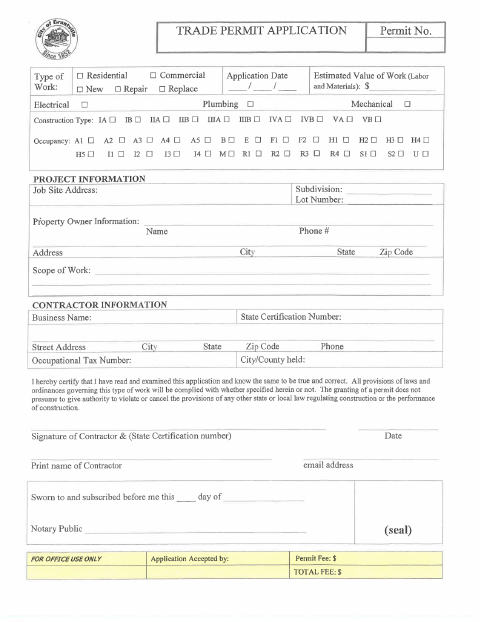 First page of the Trade Permit Application