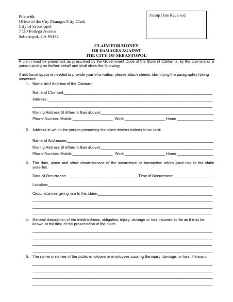 First page of the Claim For Money Or Damages Against The City Of Sebastopol