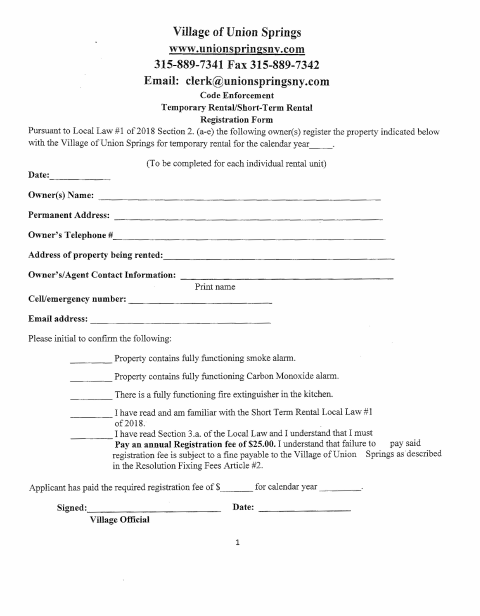 First page of the Short-Term Rental Registration Form
