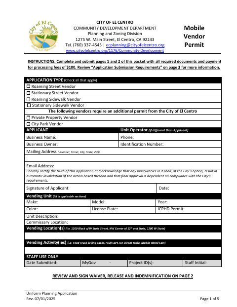 First page of the Mobile Vendor Permit Uniform Planning Application