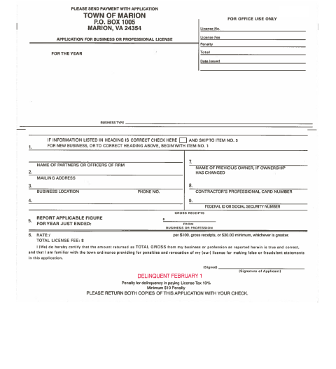 First page of the Business or Professional License Application