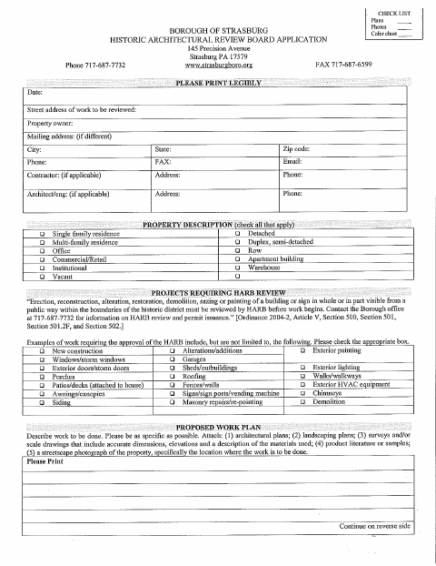 First page of the Historic Architectural Review Board Application