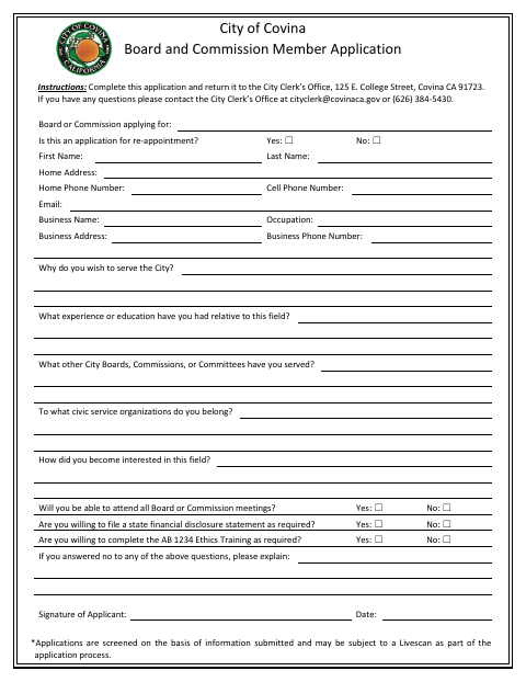 First page of the Board and Commission Member Application