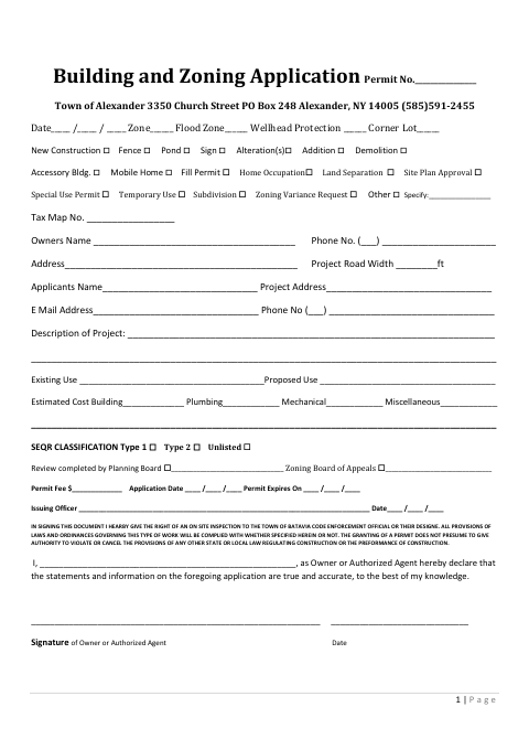 First page of the Building and Zoning Application