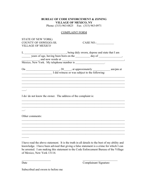 First page of the Village Complaint Form