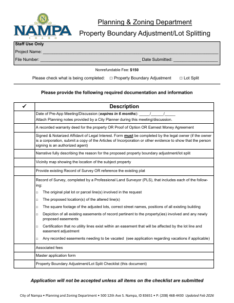 First page of the Property Boundary Adjustment/Lot Split Checklist