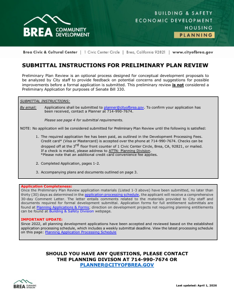 First page of the Preliminary Plan Review Application