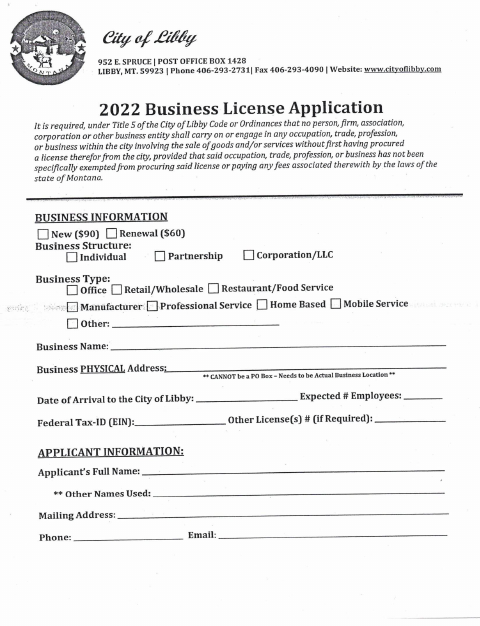 First page of the Business License Application