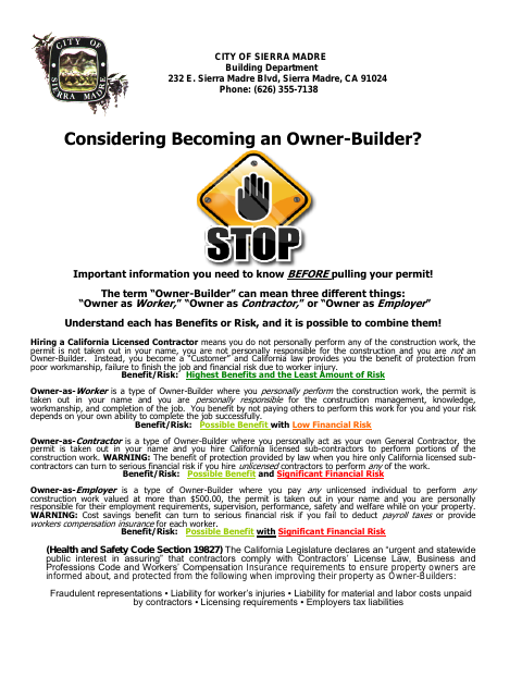 First page of the Owner-Builder Handout and Notice to Property Owner
