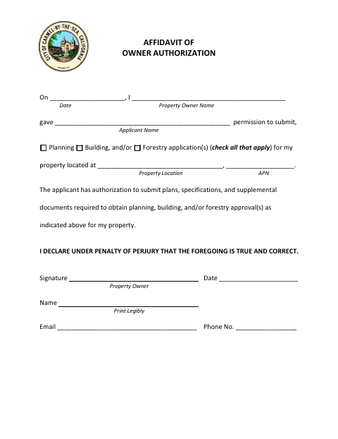 First page of the Affidavit of Owner Authorization