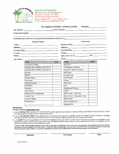 First page of the Plumbing Permit Application