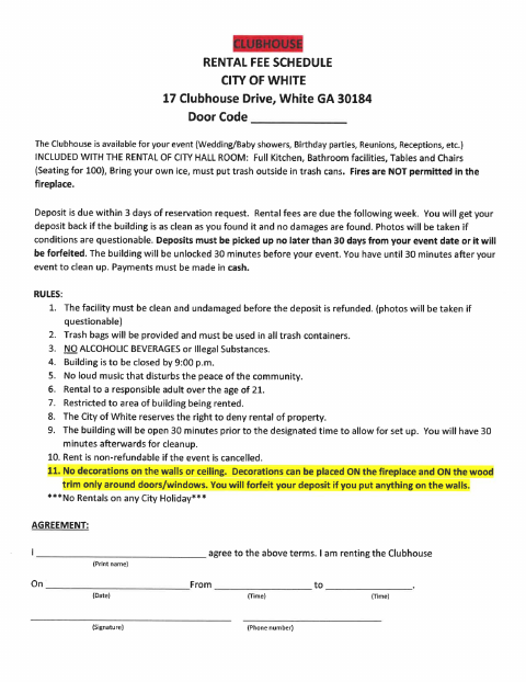 First page of the Clubhouse Rental Agreement