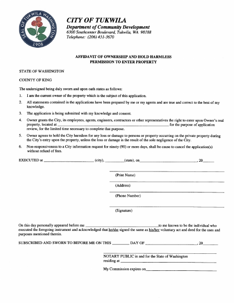 First page of the Affidavit of Ownership and Hold Harmless Permission to Enter Property