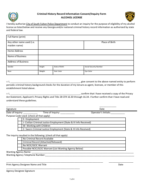 First page of the Criminal History Record Information Consent/Inquiry Form