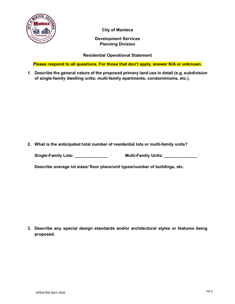 First page of the Residential Operational Statement