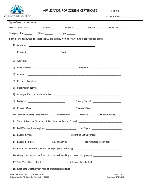 First page of the Application for Zoning Certificate