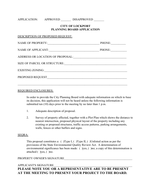 First page of the Planning Board Application