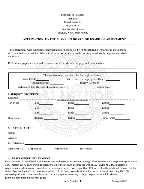First page of the Planning Board Or Board Of Adjustment Application