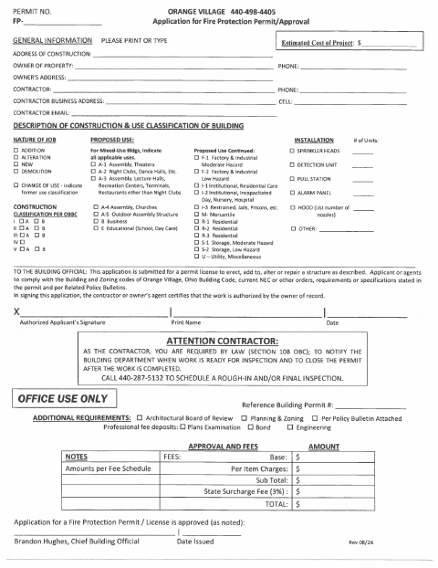 First page of the Fire Protection Permit Application