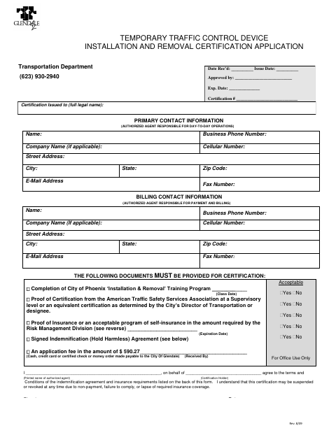 First page of the Temporary Traffic Control Device Installation and Removal Certification Application