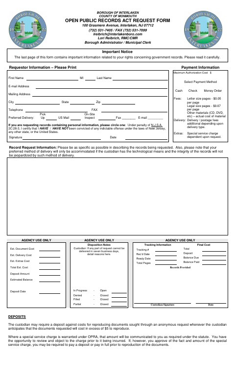 First page of the Open Public Records Act Request Form