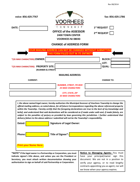First page of the Change of Address Form