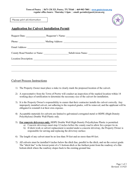 First page of the Application for Culvert Installation Permit