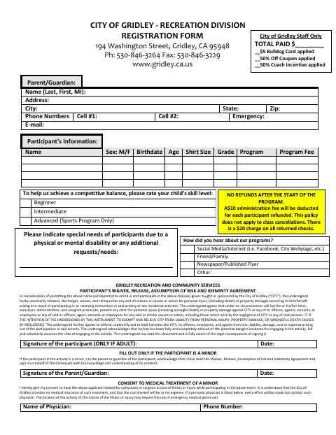 First page of the Recreation Division Registration Form