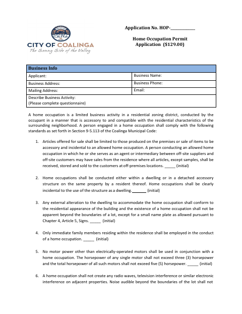 First page of the Home Occupation Permit Application
