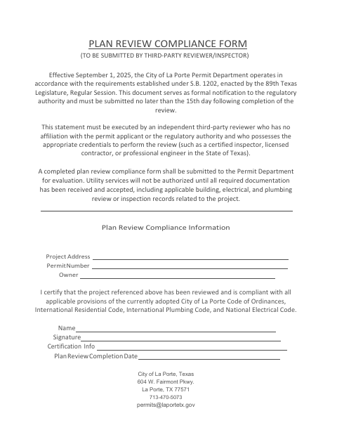 First page of the Plan Review Compliance Form