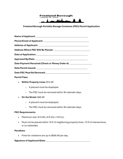 First page of the Portable Storage Container Permit Application