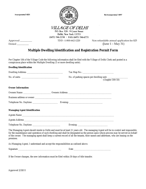 First page of the Multiple Dwelling Identification and Registration Permit Form