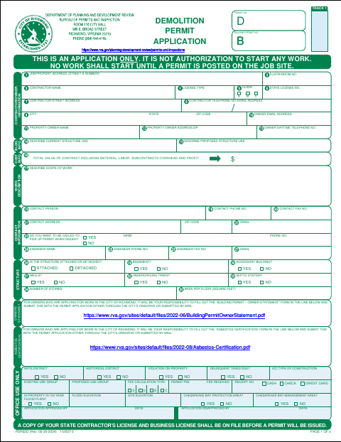First page of the Demolition Permit Application
