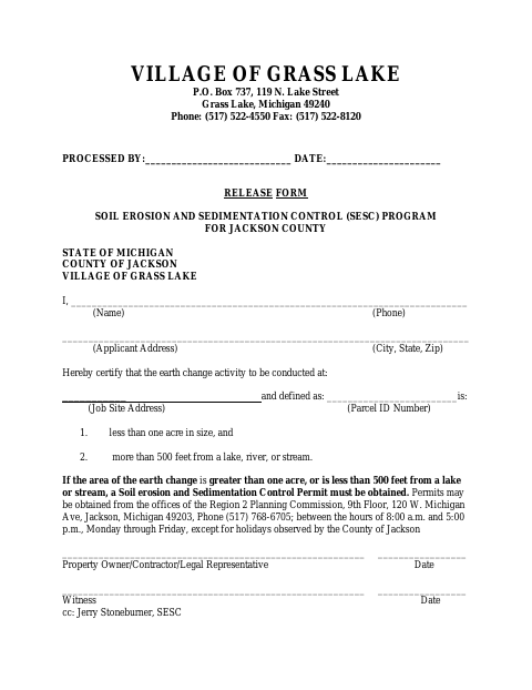 First page of the Soil Erosion and Sedimentation Control Release Form