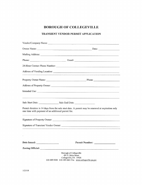 First page of the Transient Vendor Permit Application