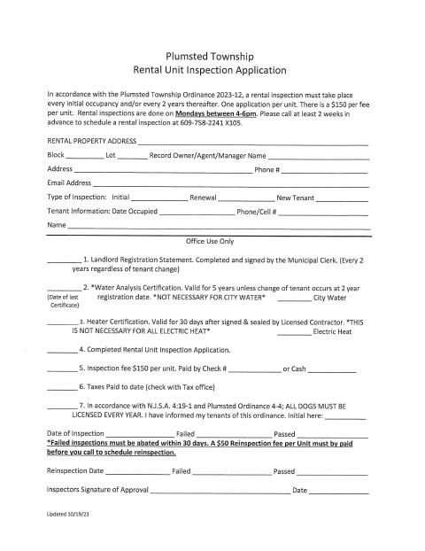 First page of the Rental Unit Inspection Application
