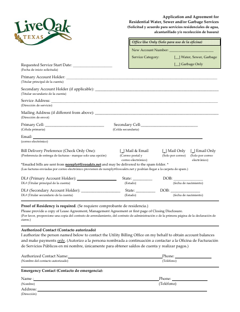 First page of the Application and Agreement for Residential Water, Sewer and Garbage Services