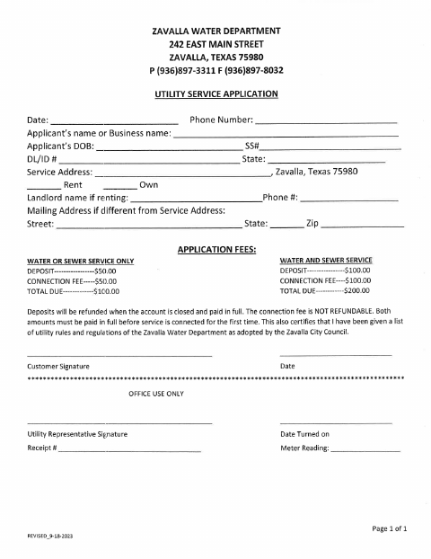 First page of the Utility Service Application